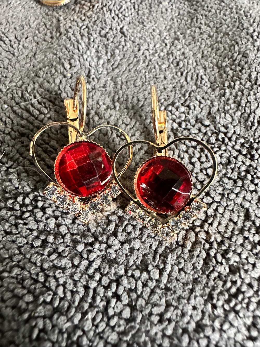 Gold Heart Earrings with Red Gemstone and Clear Accents